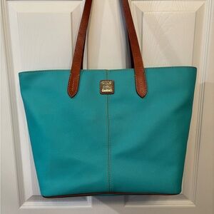Dooney & Bourke Blue and Brown Tote Bag with Leather Straps